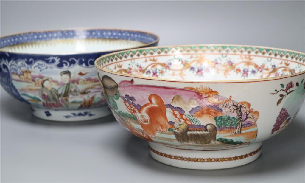 Two Chinese Export polychrome-decorated punch bowls, diameter 28.5cm (repairs)
